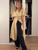 Women Trench Style Midi Dress Stand Collar Cape Overlay Short Sleeve Belted Waist A‑Line Dresses Autumn Elegant Office Outfits