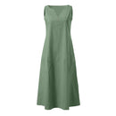 Breathable Summer Women Midi Dress Linen Blend Notch V Neck Dress Button Sleeveless Loose Fit Dresses Comfy Casual Beach Outfit