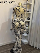 CM.YAYA 2025 Fall Women Long Sleeve Stacked Mesh See Though with Lining Bodycon Long Dress Evening Birthday Sexy Party Dresses