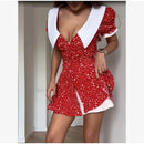 Red Floral Print Peter Pan Collar Dress Women Puff Sleeve V-neck High Waist A-line Mini Dresses Lady Evening Dinner Vestido 2026