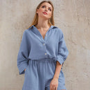 Cotton Pajamas For Women Sets Suit Casual Sleepwear Turn-Down Collar Nine Quarter Sleeve Sleep Tops Shorts Female Homewear 2023