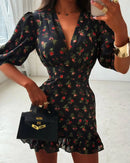 Women Chic Floral Print Bodycon Dress Holiday v-neck Pleated Patchwork Flared Sleeve Ruffle 2026 Summer Casual Latest Vestidos