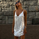 Fashion Women's Sequined Patchwork Slip Dress Solid V-neck High Waist Loose Sleeveless Mini Skirt 2026 Summer Sexy Party Dresses