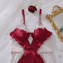 Ellolace Sexy Deep-V Neck Satin Dress Sexy Lingerie Lace Patchwork Split Sissy Night Dress Women Slip Dress Silk Nightwear