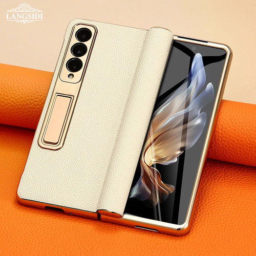 Leather Phone Case for Samsung Galaxy Z Fold 5 4 3 Fold4 Fold5 Gold Plating Magnetic Hinge Stand Back Cover with Mirror Film