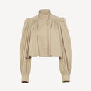 Fashion Stand Collar Short Jacket Women Long Puff Sleeve Single-breasted Pleated Women's Coat 2025 Autumn Lady Outwears Street