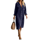 Retro Chic Women Midi Dress Corduroy Fabric Lapel Collar Popular Button Front Loose Fit Long Sleeve Comfy Casual Daily Outfit