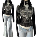 New gothic rhinestone print hip hop Harajuku zipper hoodie American retro design classic punk slim hottie black jacket y2k