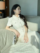 The Atelier Tweed | Pleated Patchwork Midi Dress with Structured Stand Collar