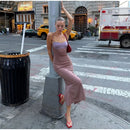  Women Sexy Color Blocking Halter Maxi Dresses Elegant Backless Off shoulder Sleeveless Slim Gowns 2026 New Lady Party Vestidos