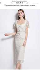Luxury Crystal Chain Lace Formal Dress Women Summer Vacation Short Sleeve Single Breasted Bead Lace Pencil Long Dresses Evening
