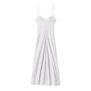 HH 2025 Women Red V-Neck Holiday Style Satin Texture Long Dress Sleeveless Summer Women's Back Zipper Fashion Sling Dresses