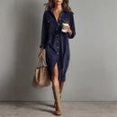 Retro Chic Women Midi Dress Corduroy Fabric Lapel Collar Popular Button Front Loose Fit Long Sleeve Comfy Casual Daily Outfit
