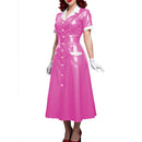 Elegant Women Midi Dress Shiny PVC Leather Turn-down Collar Patchwork Single-Breasted Long Dress Party Club  A-line Female Dress