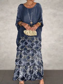 Female Elegant Floral Print Chiffon Boho Long Dress Spring Round Neck Women Pullover Dress Half Bat Sleeve Cake Skirt Dress