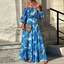 Three Quarter Lantern Sleeve Elegant Party Dress, Women Spring Summer Slash Neck Maxi Dress, New Printing Patchwork Ladies Dress