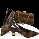 Venus Chan High Heels Shoes for Women Embroidery Rhinestone Italian Design Gold Color Pointed Toe Shoes and Bags Set Fashio