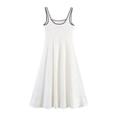 Women Midi Dress Female Casual Suspender Dress Color Contrasting Edge 2025 Summer Ladies Slim Square Collar Elegant Long Dresses