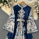 Neploe Spring Women Dress Flared Sleeve Single Breasted Long Lady Vestidos 2024 French O-neck Chic Robe with Belt