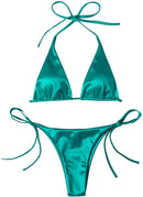 Sexy Women's Metallic Halter Top Two Piece Swimsuit Tie Side Triangle Bikini Summer Solid Bathing Suit Beachwear Bikini Set