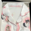 Kawaii Youth Girl's Satin Homewear Short Long Fashion Pyjama Cute Cat Print Summer New Thin Pajamas for Women Silk Home Set