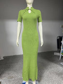 TARUXY Short Sleeve Knitted Long Dress Female Slim Hollow Retro Elegant Sweater Dress 2025 Summer New High Waist Women‘s Dress