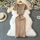 Elegant Knitted Long Dress Women Summer V Neck Single Breatsed Short Sleelve Bodycon Dresses Fashion Party Office Lady Vestidos