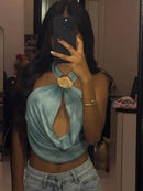 Whatiwear Metal Seashell Decoration Tank Tops Women Bandage Halter Swing Collar Backless Summer Holiday Beach Style Ruched Vests