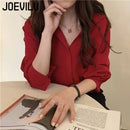 JOEVILU Red Chiffon Shirt Women French Elegant Long Sleeve Blouses Spring and Autumn Korean Fashion Tops Casual Sunscreen Jacket