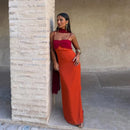Color Blocking Scarf Collar Sling Dress Sexy Waist Cinching Chic Split Bodycon Maxi Dresses 2026 Lady Club Party Vestido