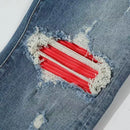 Street Fashion Men Jeans Retro Blue Stretch Skinny Fit Ripped Jeans Men Red Leather Patched Designer Hip Hop Brand Denim Pants