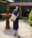 The Cobalt Lace | Floral Lace Patchwork Midi Dress with Retro Turn-Down Collar