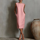 Elegant Minimalist Women Midi Dress Bohemian Sleeveless Crew Neck Straight Dress Side Pocket Solid Resort Wear Office Lady Dress