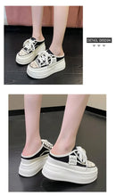 9.5cm Increasing Height Women Slippers 2024New Summer Autumn Canvas Mules Shoes Ladies Round Toe High Wedge Platform Slides Shoe