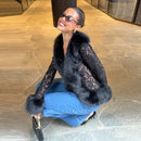 Sexy Lace Patchwork Women's Fur Coat V-Neck Full Sleeve Waist-Closed Lady Coats 2026 Autumn Winter Chic Female Streetwear