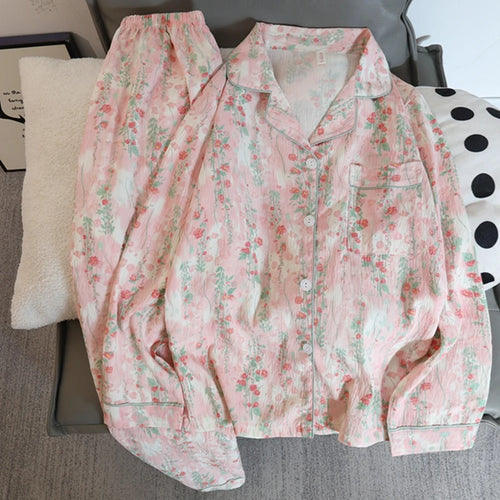 印花女式秋季两件套睡衣套装，长袖V领上衣和弹力腰长裤，两件套女士睡衣家居服