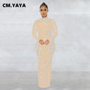 CM.YAYA 女式网纱流苏长袖水钻紧身中长款长裙和吊带内搭连衣裙两件套