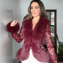 Sexy Lace Patchwork Women's Fur Coat V-Neck Full Sleeve Waist-Closed Lady Coats 2026 Autumn Winter Chic Female Streetwear