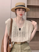 Cotton Crochet Tops Sexy Knitted Hollow Out Sleeveless T-Shirts Loose Female Women Clothing 2023 Summer New Vintage Tees Femme
