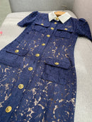 The Cobalt Lace | Floral Lace Patchwork Midi Dress with Retro Turn-Down Collar
