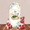 First Holy Communion Arch Backdrop Cover Wood Cross Baptism Boy Girl Boho Blue Cyan Flowers Party Decor Gold Bless Background