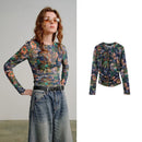 TOYOUTH Women Mesh Printed Sheer T-Shirts 2026 Spring New Trendy Niche Waist-Cinched American Y2K Crop Tops
