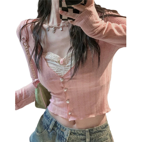 Lamuusaa y2k 露脐上衣甜美美学女装蕾丝拼接长袖T恤带蝴蝶结装饰2000年代服装街头服饰
