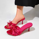 Sweet Bow Slippers for Women 2025 New Summer Thin Heel Flip-flops Versatile Pointed Toe Open Toe High Heel Cool Mop