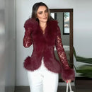 Sexy Lace Patchwork Women's Fur Coat V-Neck Full Sleeve Waist-Closed Lady Coats 2026 Autumn Winter Chic Female Streetwear
