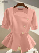 2025 ZANZEA Elegant Puff Sleeve Work Blouses Women Summer Shirts Square Neck Stylish Solid Buttons Tunic Tops Waisted OL Blusas