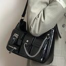 Y2k Womens Shoulder Bag Harajuku Fashion Gothic Casual Black Chains Handbag Hot Girls Pu Leather Ladies Motorcycle Bag Sac