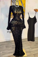 CM.YAYA 2025 Fall Women Long Sleeve Stacked Mesh See Though with Lining Bodycon Long Dress Evening Birthday Sexy Party Dresses