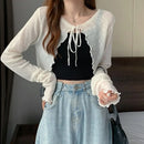 Thin Sunscreen Cardigan Lace-up Knitwear Tops Summer Women Korean Style Lantern Sleeve Short Coat Casual Sun Protected