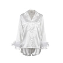 Women 2PCS Pajamas Patchwork Feather Cuffs Solid Color Long Sleeve Lapel Button Shirt with Short Pants Loose Loungewear Outfits